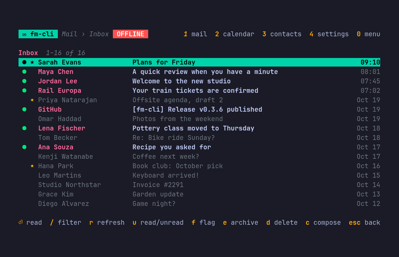 The fm-cli terminal app showing an inbox of sample mail
